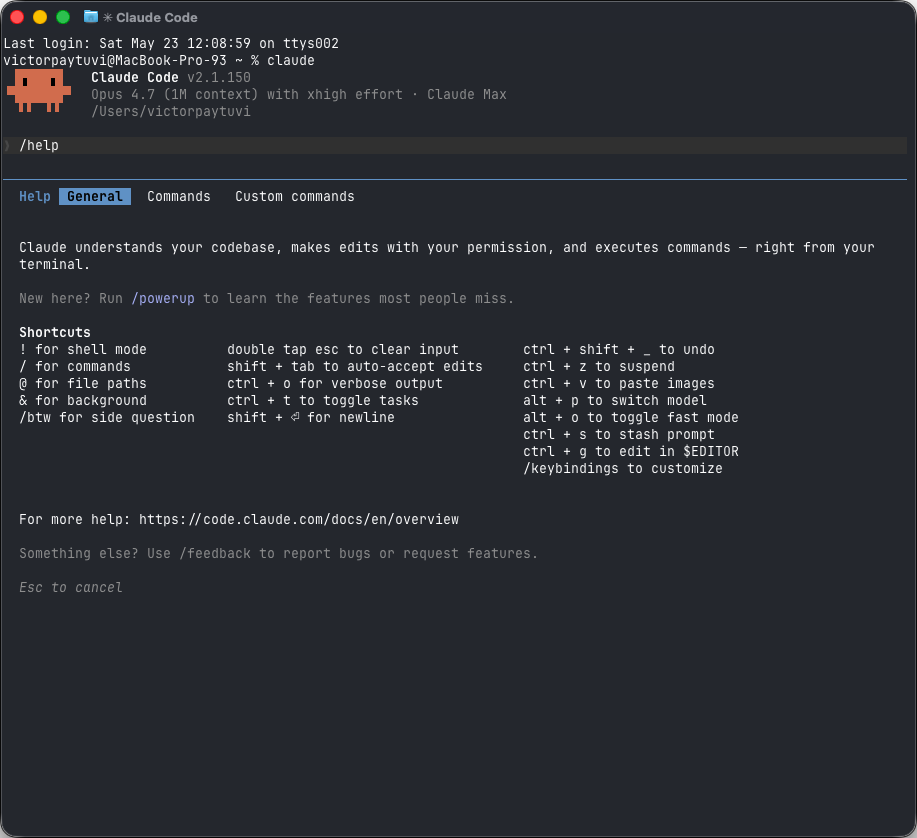 Menú de ayuda de Claude Code en terminal