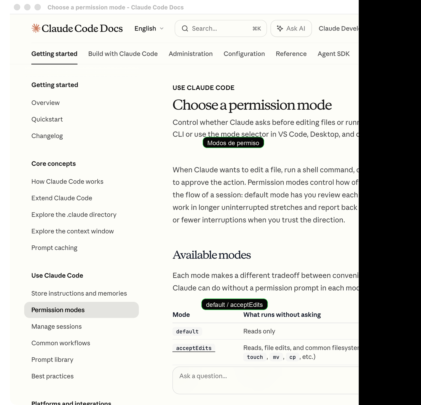 Documentación oficial de modos de permiso de Claude Code