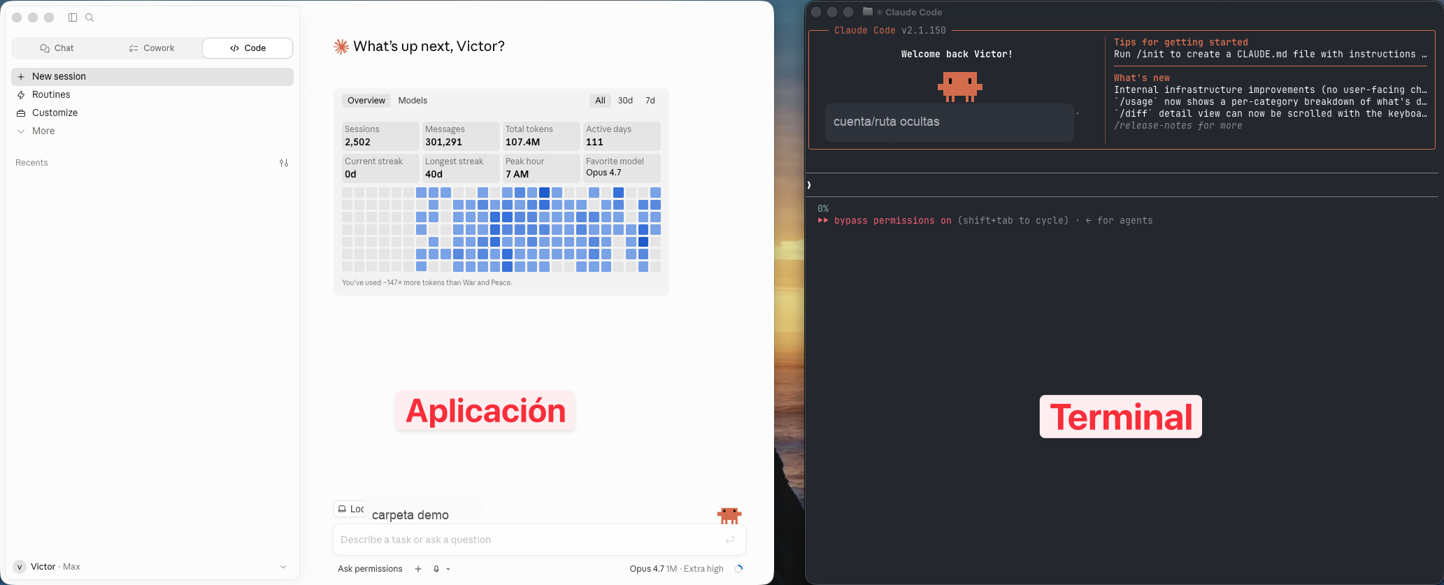 Comparación visual entre Claude Desktop y Claude Code en terminal