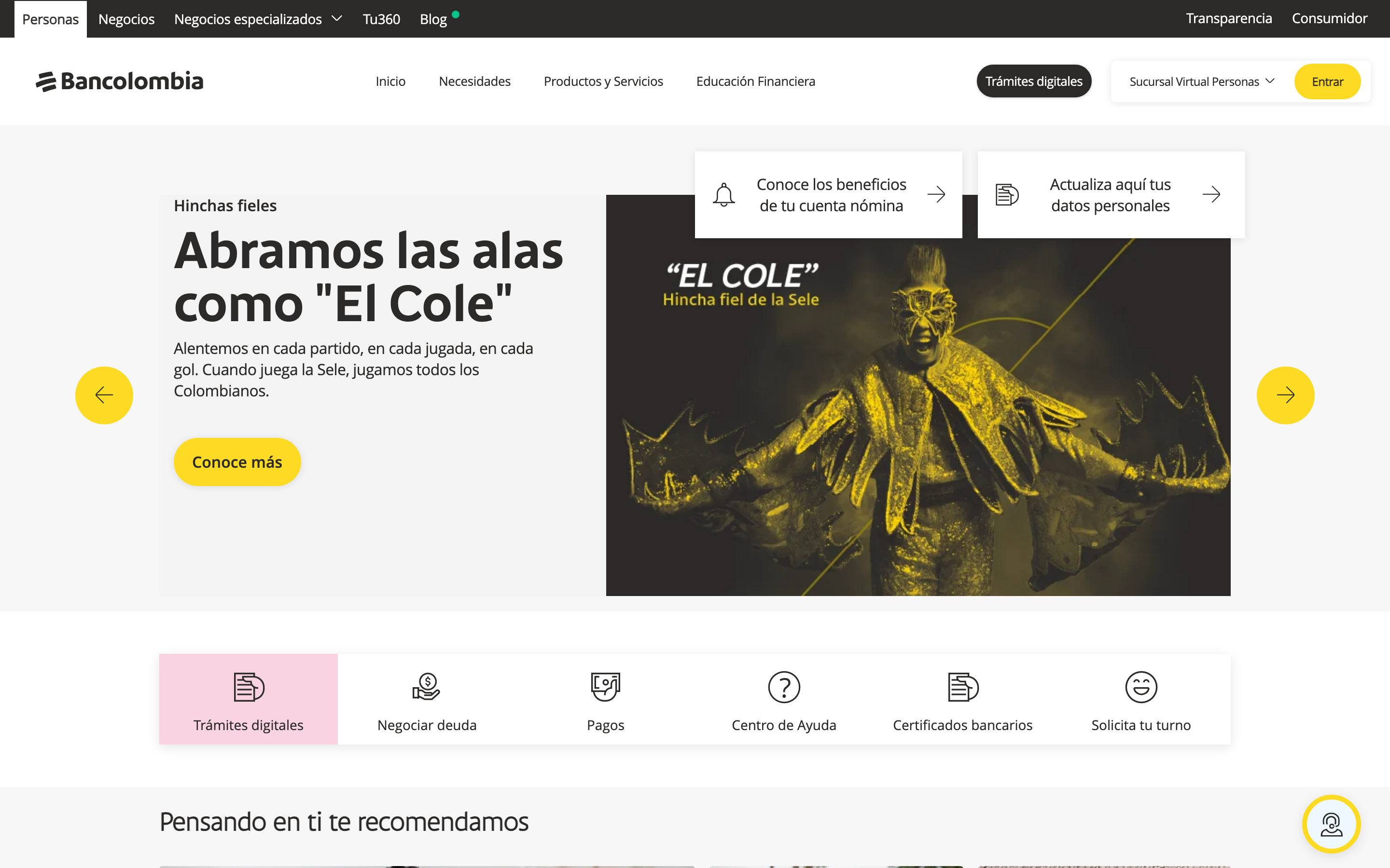 Página actual de Bancolombia