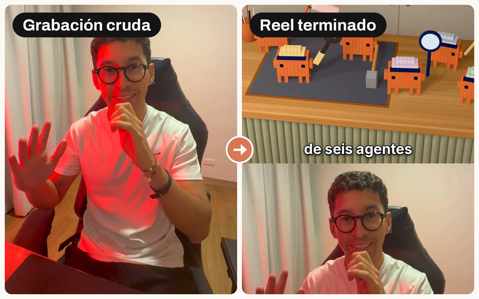 Antes y después lado a lado. A la izquierda, «Grabación cruda»: yo sentado frente al celular, hablando. A la derecha, «Reel terminado»: arriba, un escritorio en 3D con varios Clawd naranjas con herramientas y el subtítulo «de seis agentes»; abajo, mi cara.